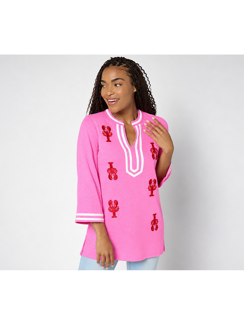 Bellisima by Kim Gravel Regular Slub Knit Rock Lobster Top Preppy Pink, Medium